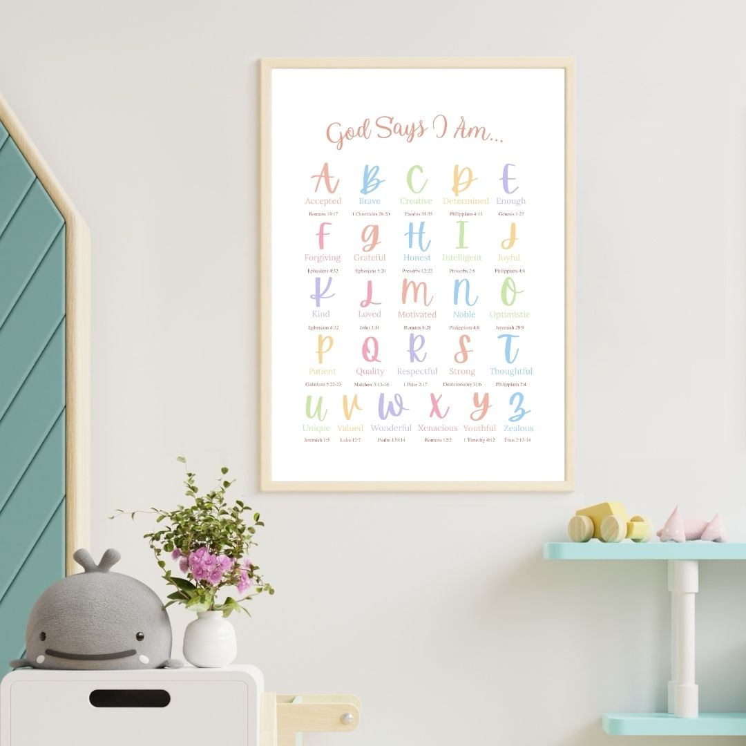 Colourful God Says I Am: A–Z Christian Affirmations Poster | Ready-to-Frame