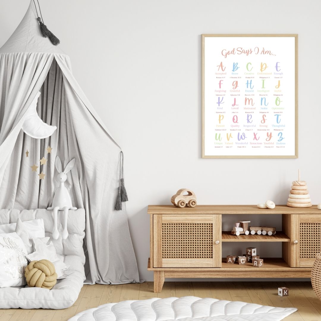 Colourful God Says I Am: A–Z Christian Affirmations Poster | Ready-to-Frame