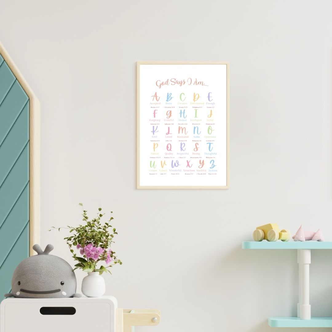 Colourful God Says I Am: A–Z Christian Affirmations Poster | Ready-to-Frame