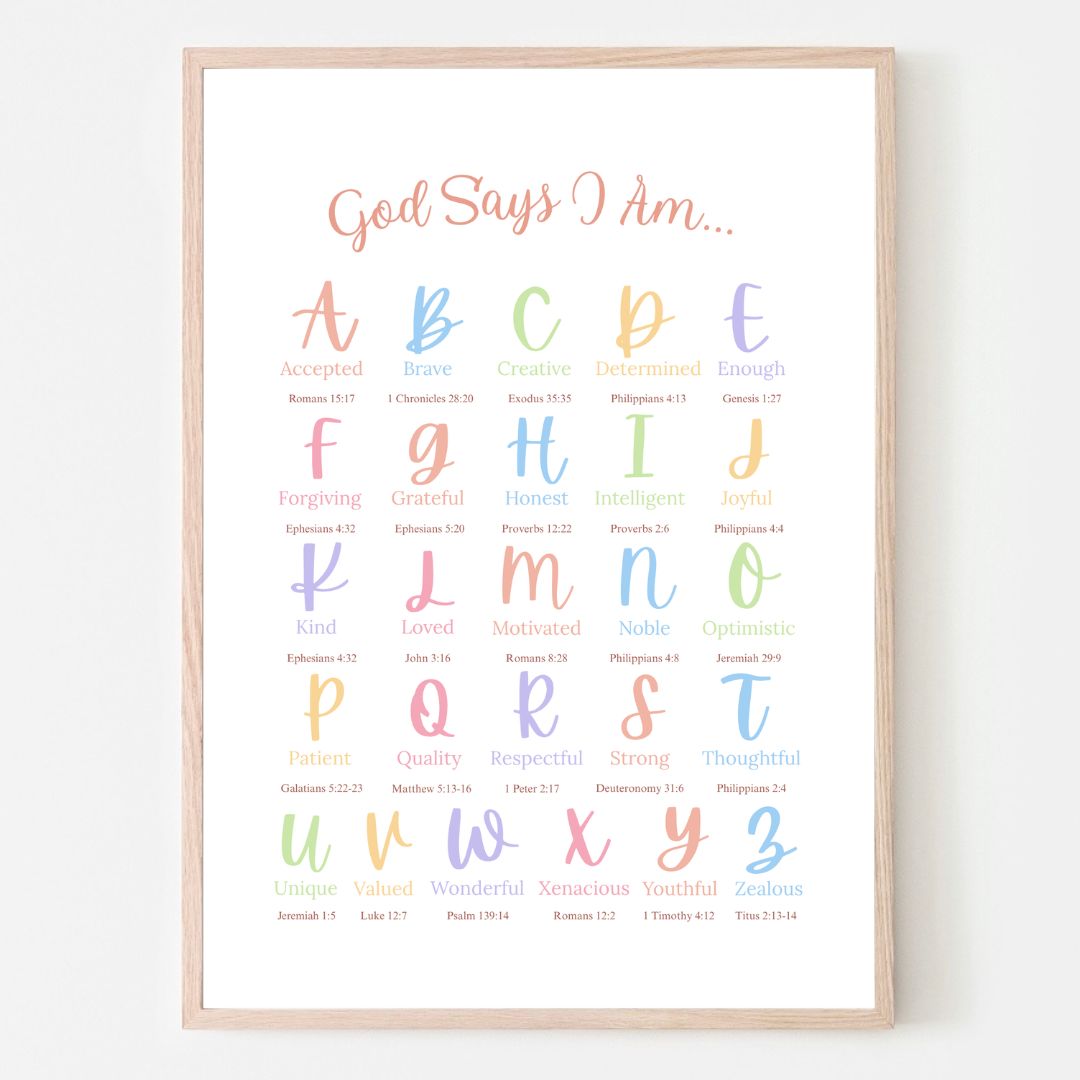 Colourful God Says I Am: A–Z Christian Affirmations Poster | Ready-to-Frame