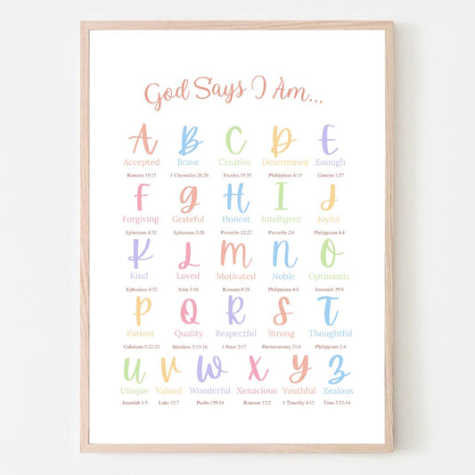 Colourful God Says I Am: A–Z Christian Affirmations Poster | Ready-to-Frame