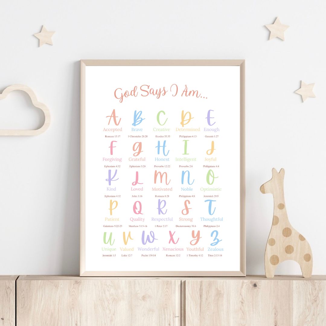 Colourful God Says I Am: A–Z Christian Affirmations Poster | Ready-to-Frame