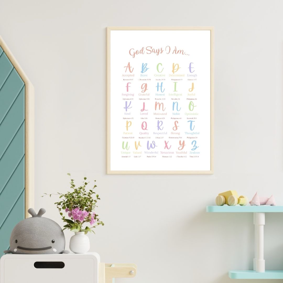 Colourful God Says I Am: A–Z Christian Affirmations Poster | Ready-to-Frame