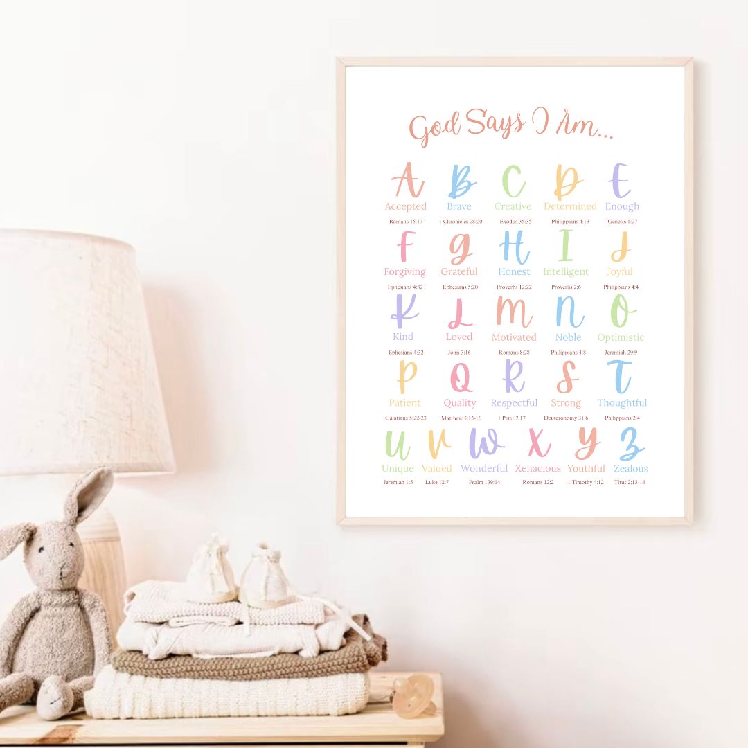 Colourful God Says I Am: A–Z Christian Affirmations Poster | Ready-to-Frame