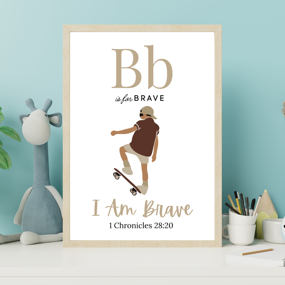 Framed print with 'B is for Brave' text and a child on a skateboard, displayed on a shelf with decorative items.