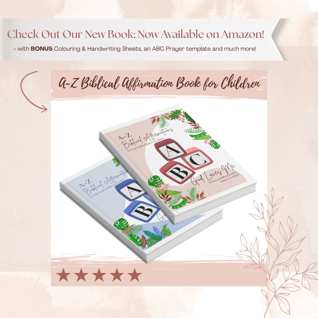Two books titled 'A-Z Biblical Affirmation' on a light pink background with promotional text.