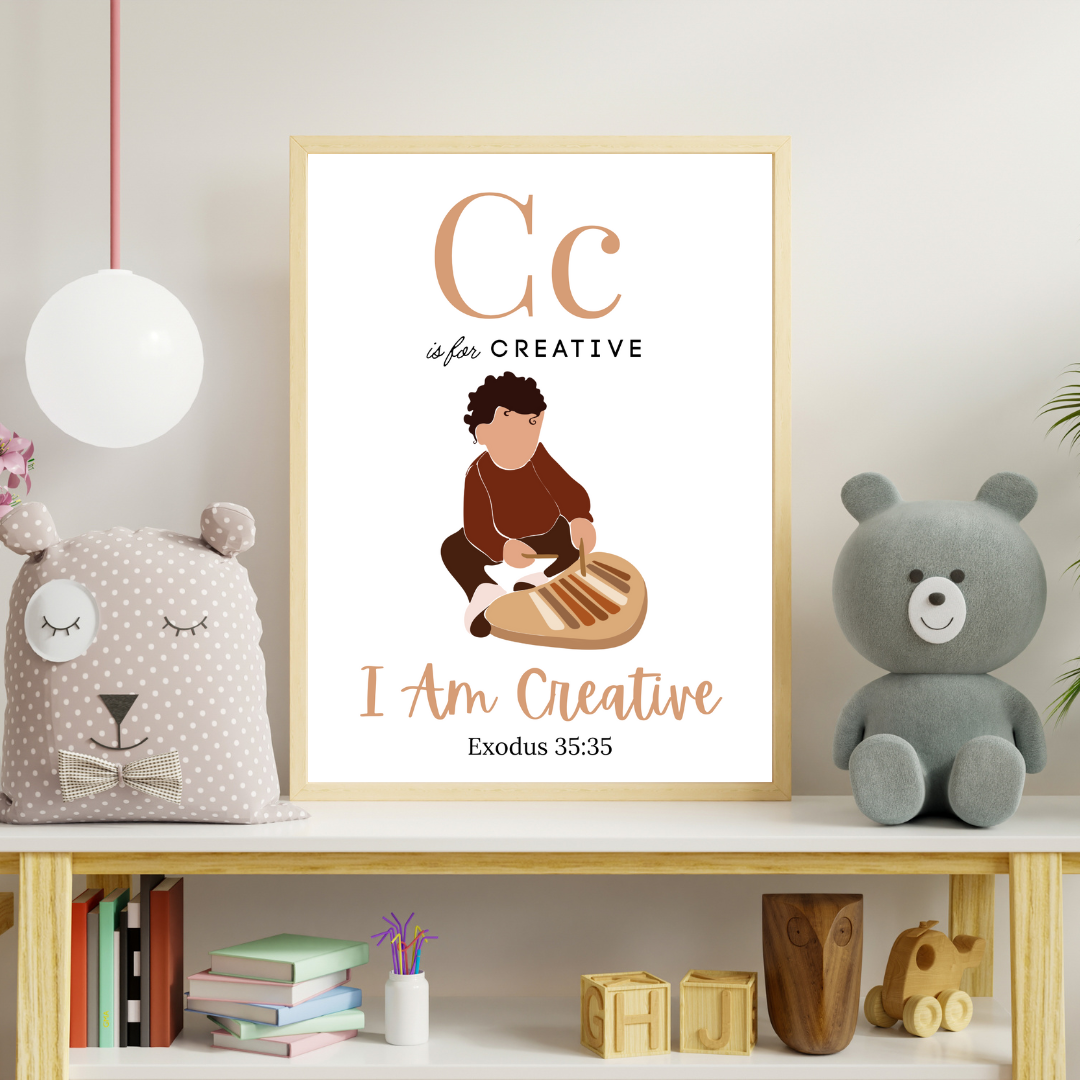 Framed artwork with a child playing a drum, text 'C is for Creative', and toys on a shelf.