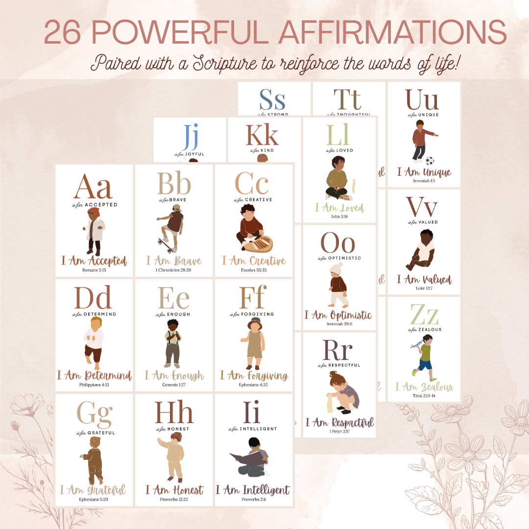 Alphabet chart with illustrations and affirmations paired with scriptures on a light background