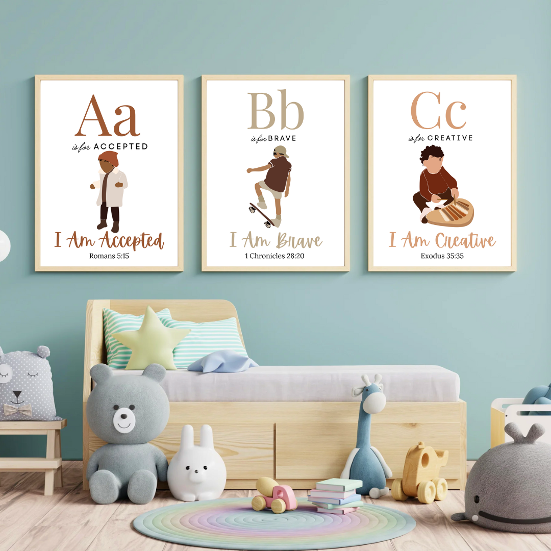 Children's room with educational wall posters and toys on a light blue wall.