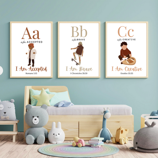 Children's room with educational wall posters and toys on a light blue wall.
